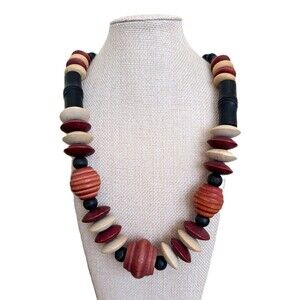 Chunky Natural Wooden Bead Statement Necklace Painted Bamboo Disc Geometric Des